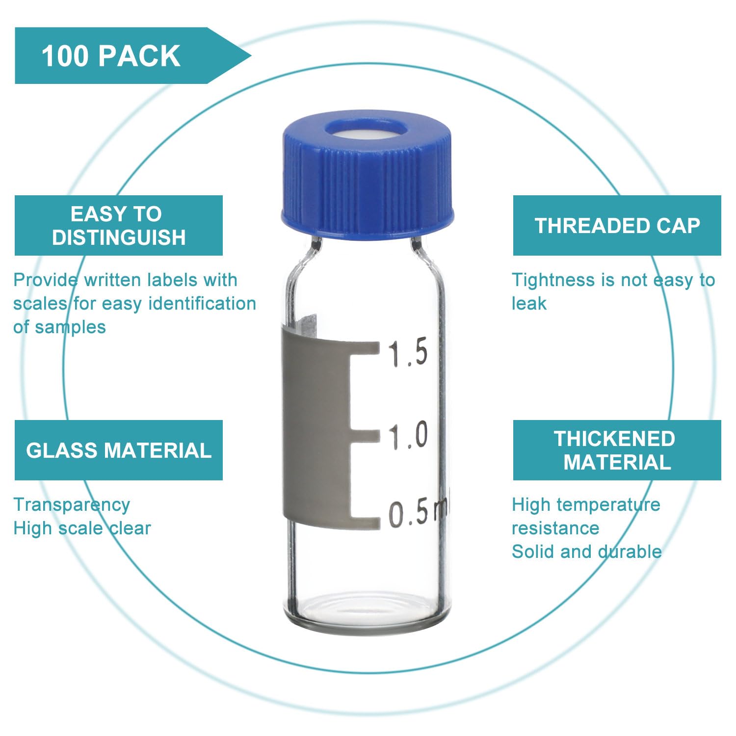 stonylab Autosampler Vials, Chromatographie Probenvials für Gas-oder Flüssigkeitschromatographie Probenkopf-Vials mit Kapillar-Einlagen, 100er Packung, Transparent, 1.5 ml