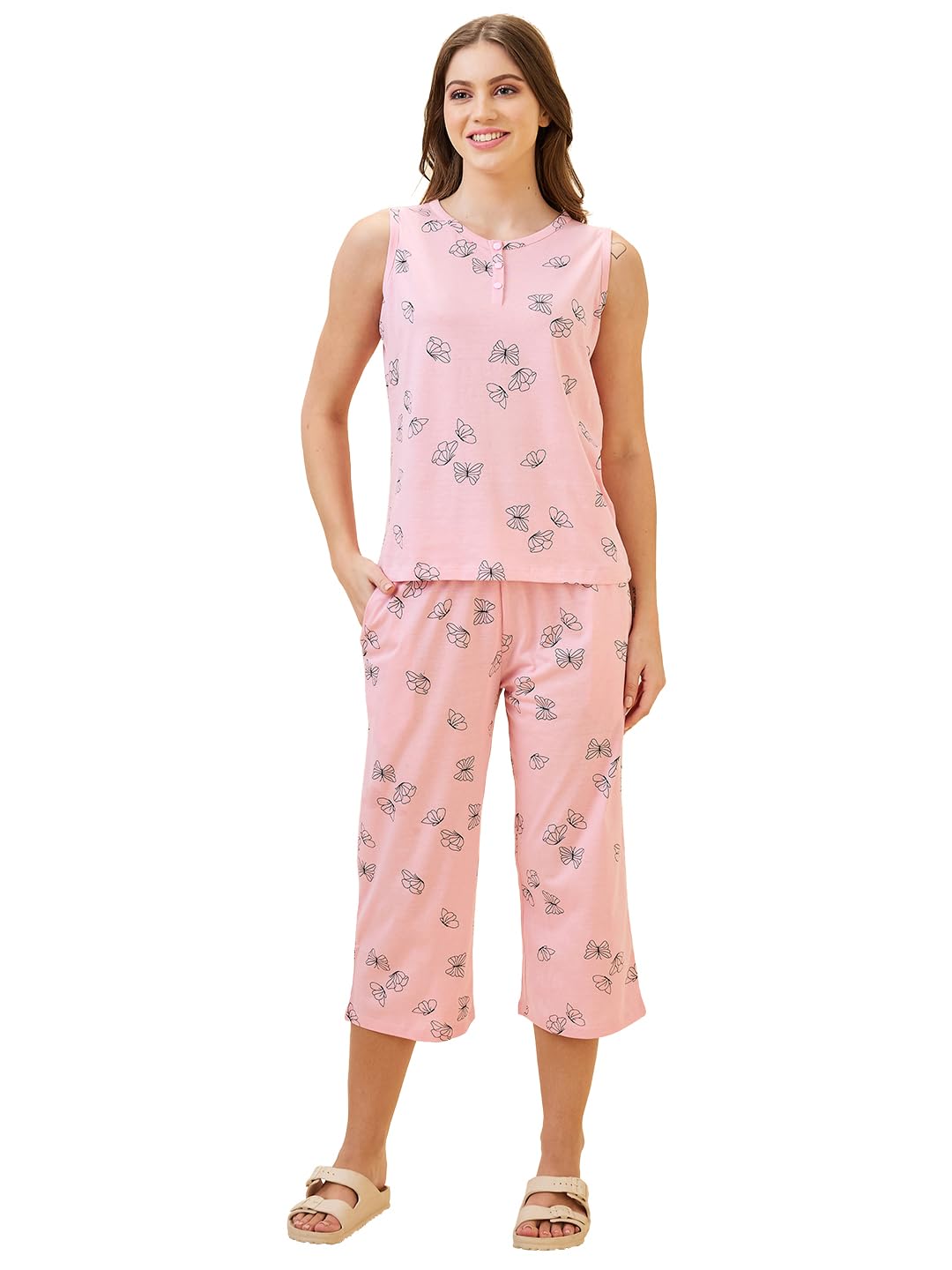 AV2 Women's Cotton Printed Round Neck Short Sleeve Night Suit Set | Capri Set | Casual Night Dress for Women-2127