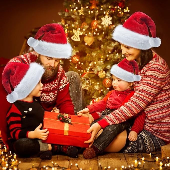 Image of Premium santa claus cap for kids and adult | Plush Red White Comfortable Unisex christmas cap beanie hat for baby boy girl adult Xmas Party Decoration