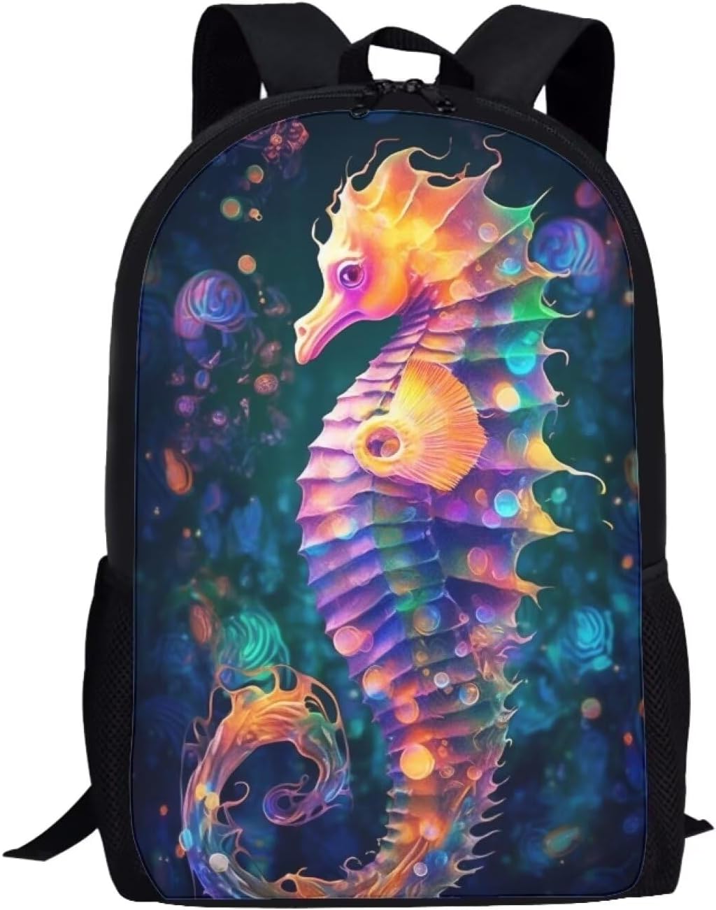 Magical Seahorse Backpack for Boys Girls Novelty Cute Graphic Animal Print School Backpack 17 Inch Student Lightweight Comfy Black Kids Bookbag with Side Mesh Pocket
