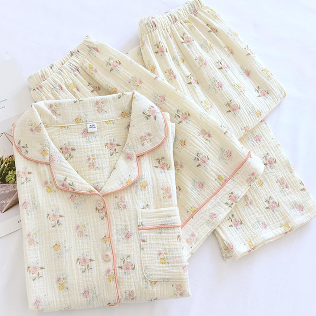 Womens Gauze Pajama Set Lounge Sets Short Sleeve Shirts 3 Piece Cute Floral Pj Set Sleepwear Loungewear