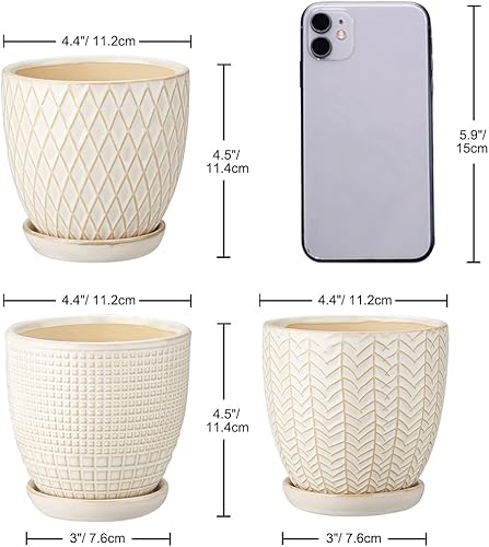 Miniatura 5 de Oairse Macetas de cerámica de 4 pulgadas, juego de 3 macetas pequeñas redondas con orificio de drenaje y bandeja de cerámica para suculentas,