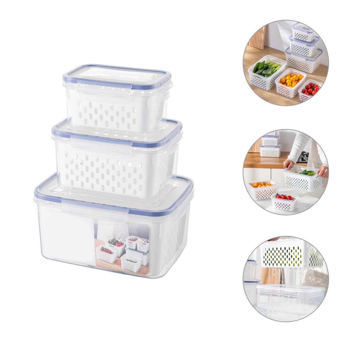 FOMIYES 3 Contenedores para Almacenar Alimentos con Tapa y Cesta de Drenaje, Diseño Transparente de Pp, Capacidad de 850ml, 1750ml y 3300ml para Frutas y Verduras en Refrigerador
