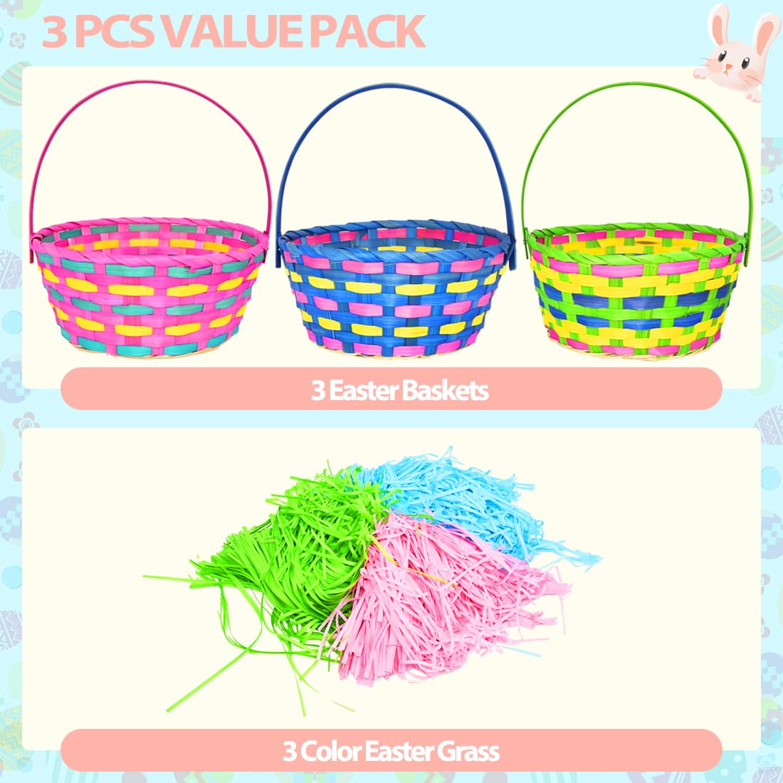 3Pcs Easter Plaid Baskets with Grass for Kids, Handle Round Woven Goodie Basket, Easter Empty Gift Basket for Easter Egg Hunt, Kids Easter Party Treats Picnic