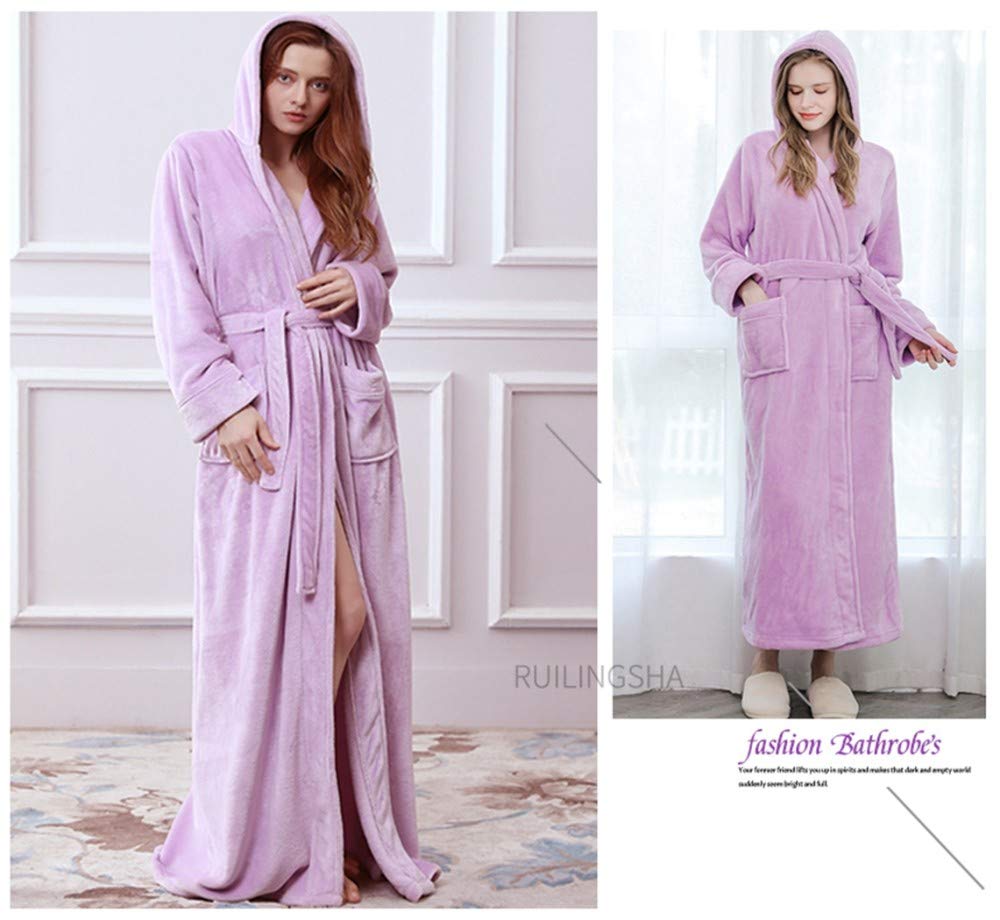 Peignoir d'hiver,À La Mode Hommes D’Hiver Hooded Extra Long Warm Bathrobe Luxe Épais Flanelle Pyjamas Doux Couple Sexy Couple Confortable Light Purple Elegant Party
