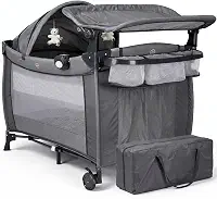 Berço de Bebê Portátil Zooper Baby Style Desmontável 2 Alturas com Trocador Mosquiteiro Móbile Central Eletrônica Som e Vibração até 18kg Dobrável Bolsa de Transporte e Rodinhas (Cinza)