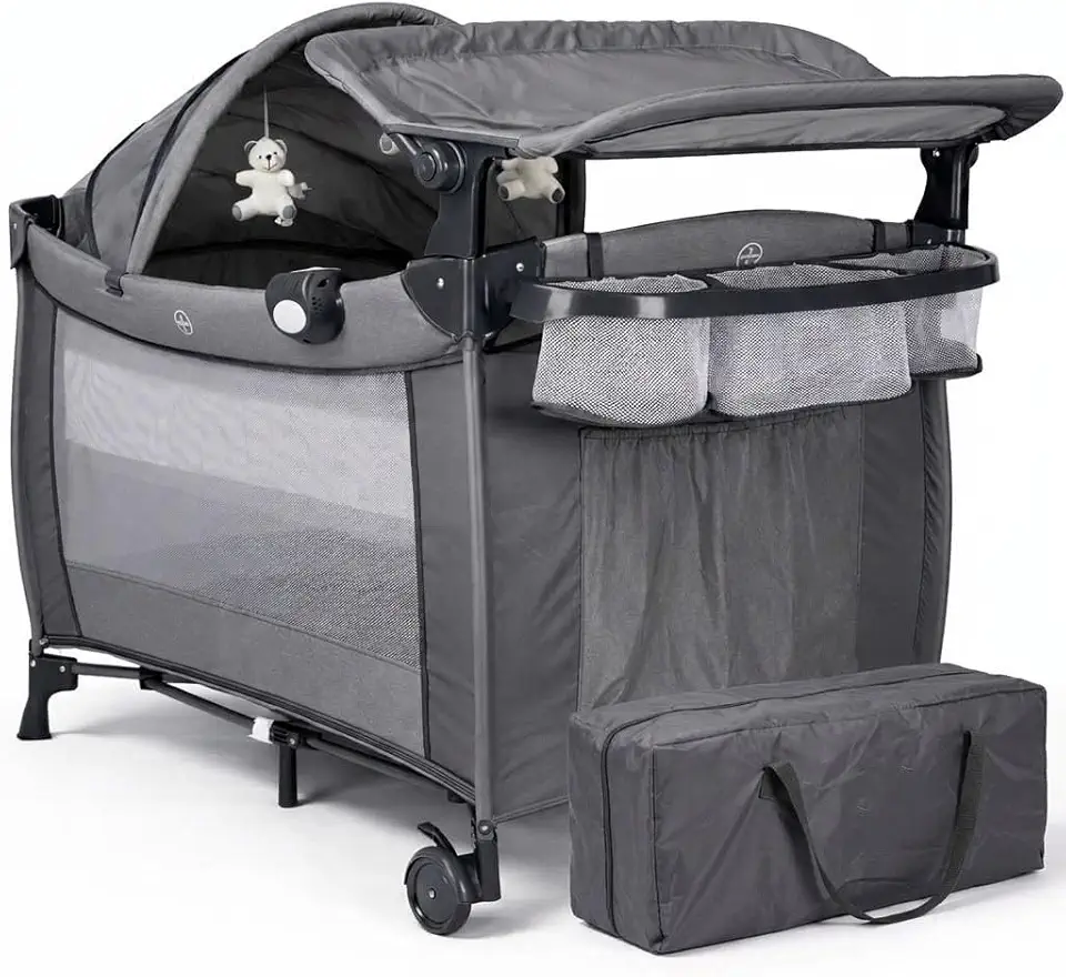 Berço de Bebê Portátil Zooper Baby Style Desmontável 2 Alturas com Trocador Mosquiteiro Móbile Central Eletrônica Som e Vibração até 18kg Dobrável Bolsa de Transporte e Rodinhas (Cinza)