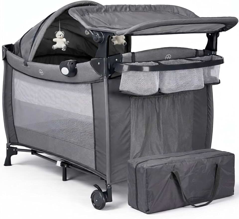 Berço de Bebê Portátil Zooper Baby Style Desmontável 2 Alturas com Trocador Mosquiteiro Móbile Central Eletrônica Som e Vibração até 18kg Dobrável Bolsa de Transporte e Rodinhas (Cinza)