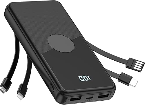 Cargador portátil con cables integrados, batería de alta velocidad de 10000 mAh, paquete de batería de viaje, 5 salidas, 3 entradas, cargador de