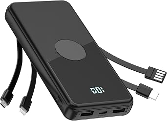Portable Charger with Built in Cables,High Speed Power Bank 10000mAh Travel Battery Pack 5 Outputs 3 Inputs Portable Phone Charger Backup Battery for iPhone, Samsung, iPad,Tablets Black