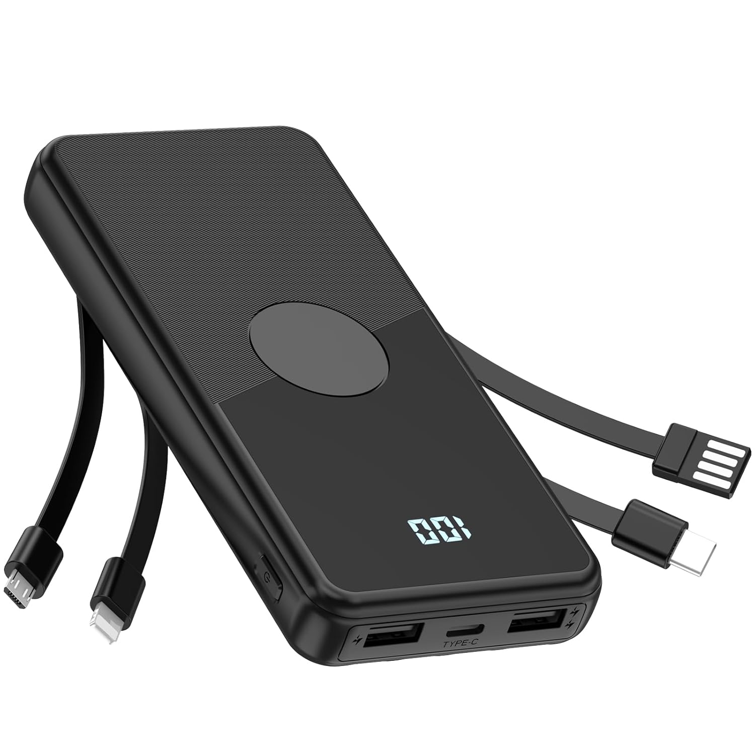 Portable Charger with Built in Cables High Speed Power Bank 10000mAh Travel Battery Pack 5 Outputs 3 Inputs