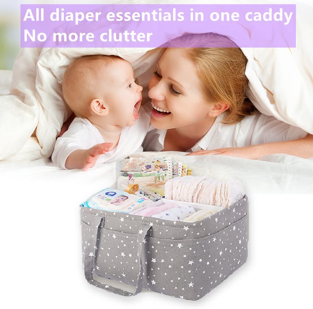 Winnies Cute Diaper Caddy Bag for Smart Mothers Baby Diaper Caddy Organizers Baby Wipes Felt Storage, Nursery, Foldable and Portable (Grey Star) 2