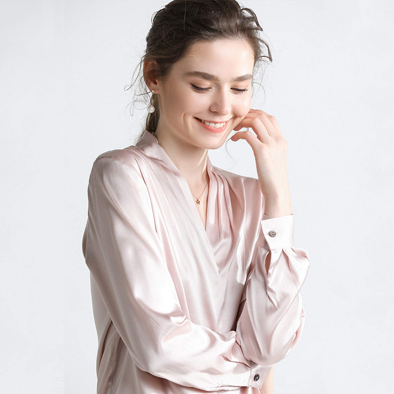 Camicia Donna in Seta con Scollo A V, Blusa Elegante, Top Leggero A Molle, Camicia Basic da Ufficio