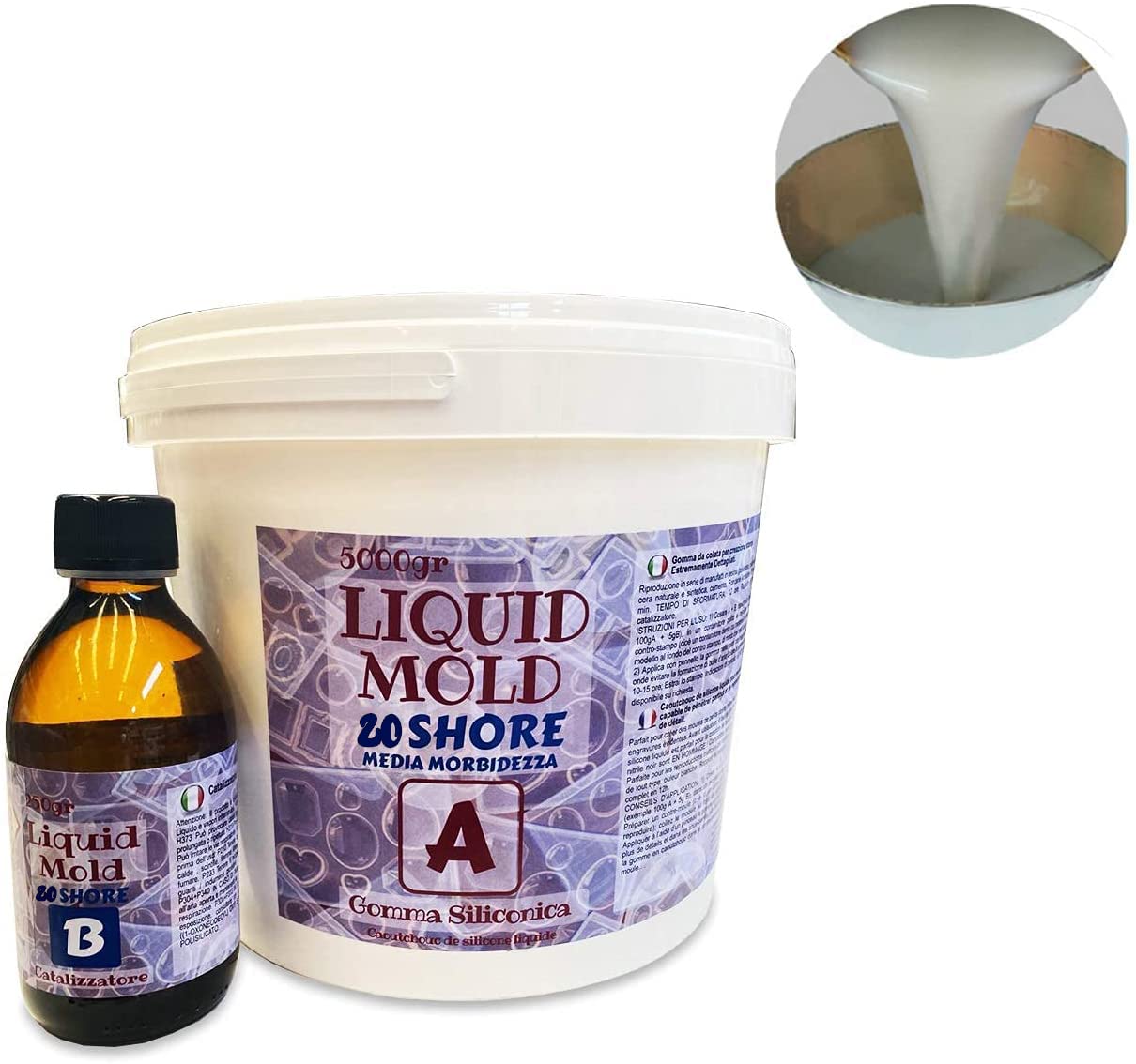 Resin Pro Liquid Mold: Silicona líquida para moldes (5,25Kg) creación de moldes para epoxi, poliuretano, cera, jabón, yeso, cemento - dureza 20 Shores - 100% Made in Italy