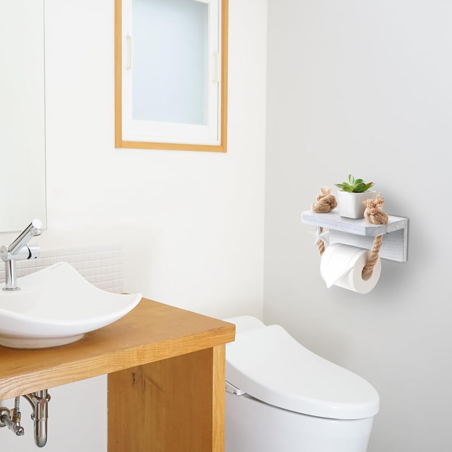 Farmhouse Toilet Paper Holder - Beach Toilet Paper Roll Holder Nautical Rope Starfish Towel Rack with White Shelf, Wall Mounted Rustic Morden Bathroom Decor Wood Tissue Towel Holder