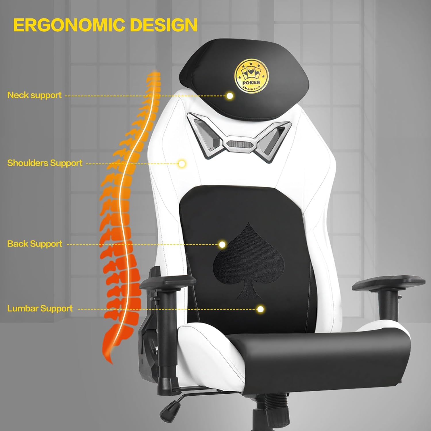 Modern-Depo Ergonomic Video Poker Gaming Chair Recliner with Texas Hold'em Sign Swivel Chair with Poker Logo, Lumbar Support, Headrest, Height Adjustable for Study, Home Office, White Black Poker 4