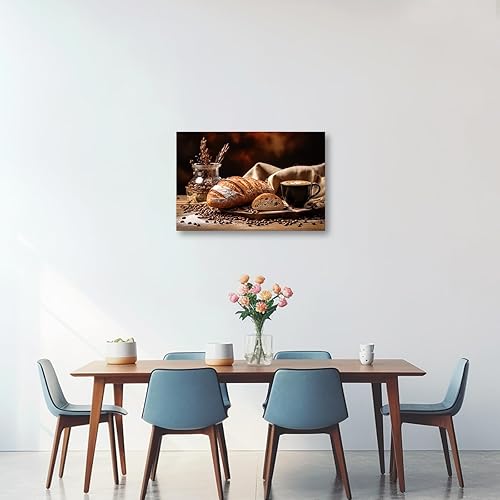 Miniatura 4 de CXHOSTENT Lienzo decorativo para cocina, arte de pared, café, pan, granos de café, cuadros de alimentos, pintura impresa, café, comedor, marco