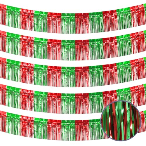 Image of Christmas Decorations - 5 Pack 10 Feet Red Green Foil Fringe Garland Tinsel Parade Float Fringe for Trailer Car Birthday Party Decoration Hanging Backdrop Banner Table Skirts