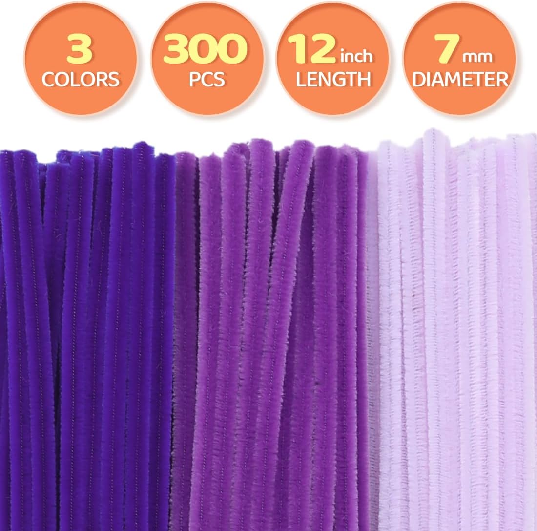 GAGANIU 300pcs Craft Pipe Cleaners, Purple Gradient Chenille Stems in 3 Shades for Crafts – 12 Inch Craft Supplies for DIY Projects, Art Activities, Decorations & More