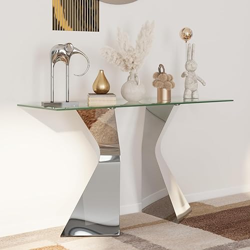 Miniatura 10 de Mesa consola plateada y de vidrio, mesa de entrada de 51 pulgadas con parte superior de vidrio transparente templado, patas de acero inoxidable,