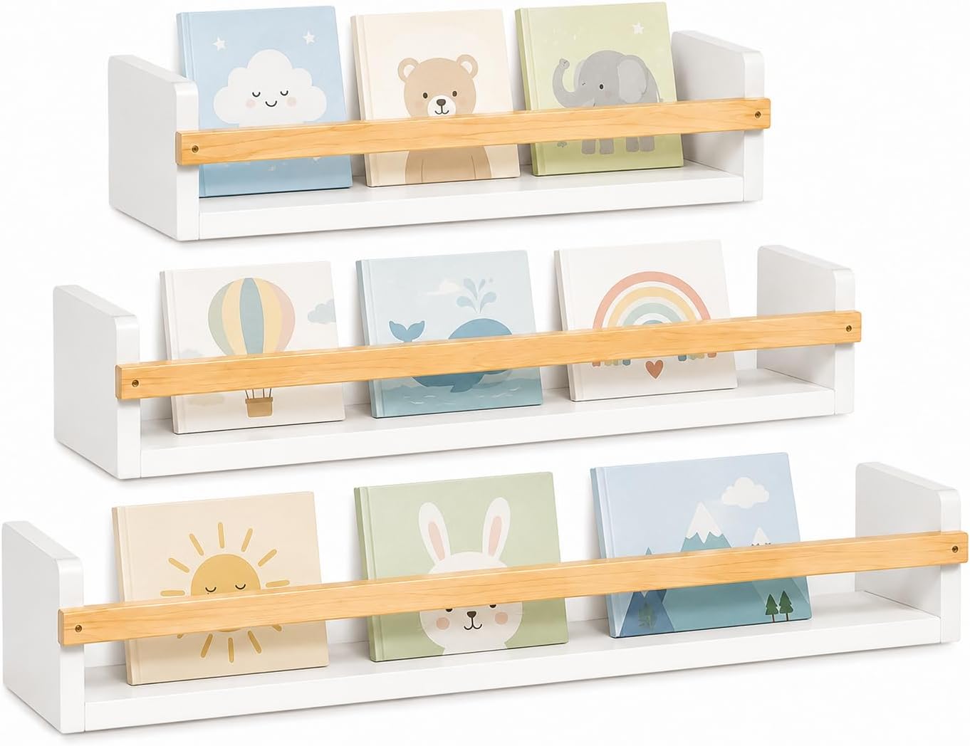 Montessori-Inspired Kids Bookshelf, Set of 3 Wall Mounted Floating Book Shelves, Front-Facing Nursery Bookshelves for Toddler Room, Playroom & Reading Nook