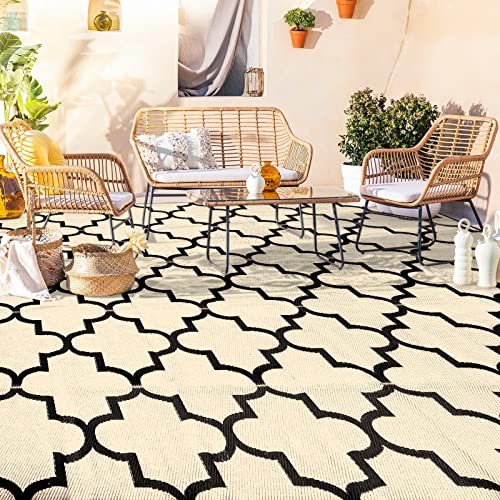 Outdoor Rug 5'X8' For Patio Clearance, Reversible Straw Plastic Waterproof Area Rugs, Patio Rug,Outside Large Camping Mat For Outdoor Decor, Rv, Deck, Camper, Balcony, Backyard, Black & Beige #TOP3