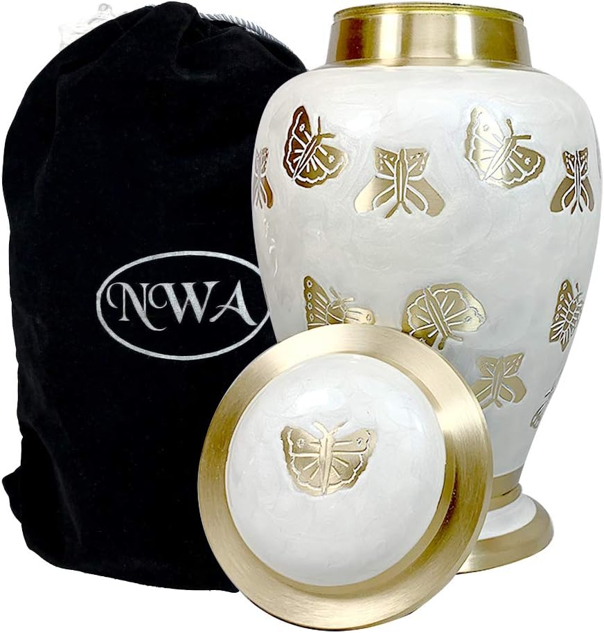 Butterfly Cremation Urn with Personalization, Pearl White and Gold Adult Human Cremation Urn with Matching Keepsake and Velvet Bags