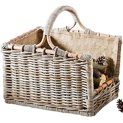Kobolo Holztrage Holzkorb für Kaminholz - Rattan grau mit abnehmbarem Jutestoff Cover
