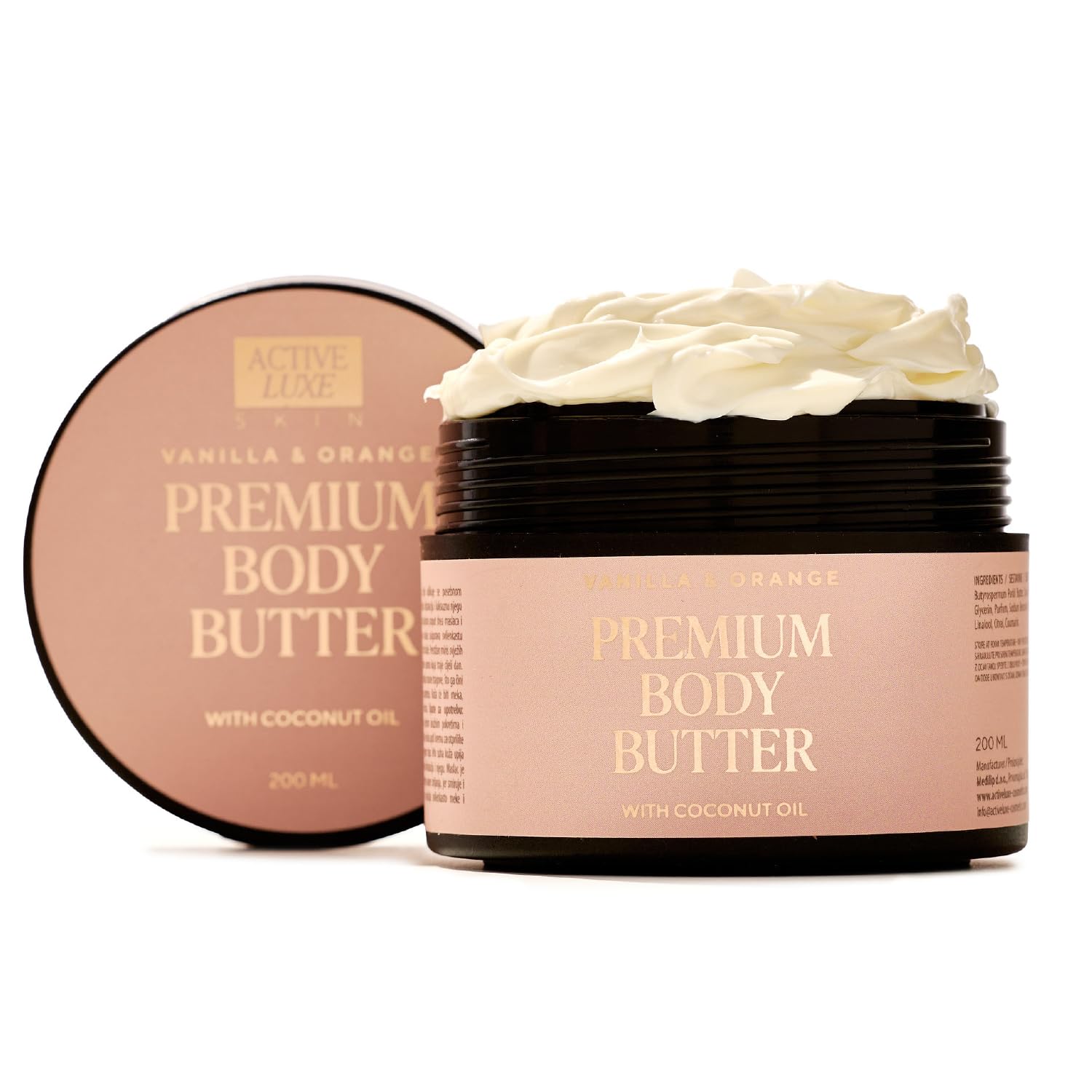 Active Luxe Premium Body Butter – Burro Corpo Idratante, 200ml | Olio di Cocco, Burro di Karitè & Olio di Mandorla, Profumato Arancia & Vaniglia