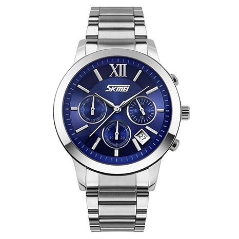 SKMEI 9097 Chronograph Stainless Steel Strap 30M Waterproof Wrist Watch for Men - Silver Blue