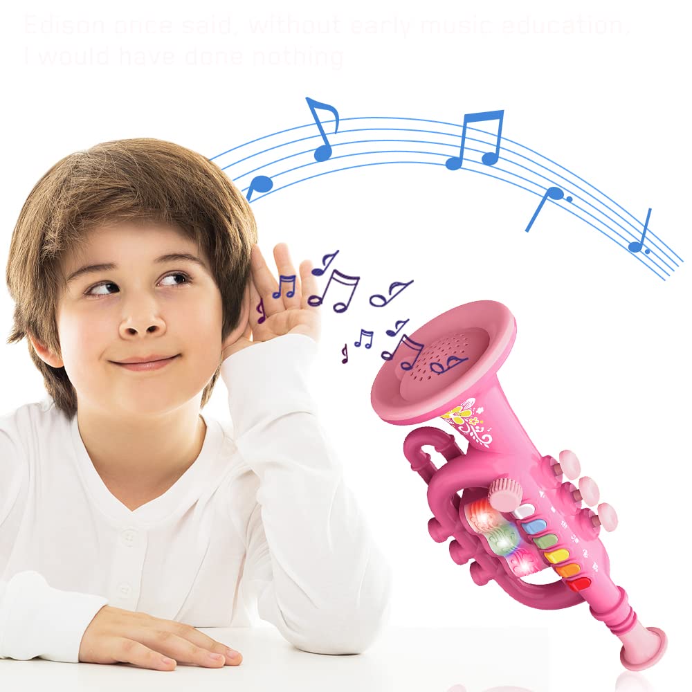 Trompete Spielzeug, Trompetenhorn mit Musik Tragbares Kindertrompete Spielzeug Kunststoff-Trompete Spielzeug mit beleuchtetem Musikinstrument, Trompetenspielzeug Geschenk an Jungen Mädchen
