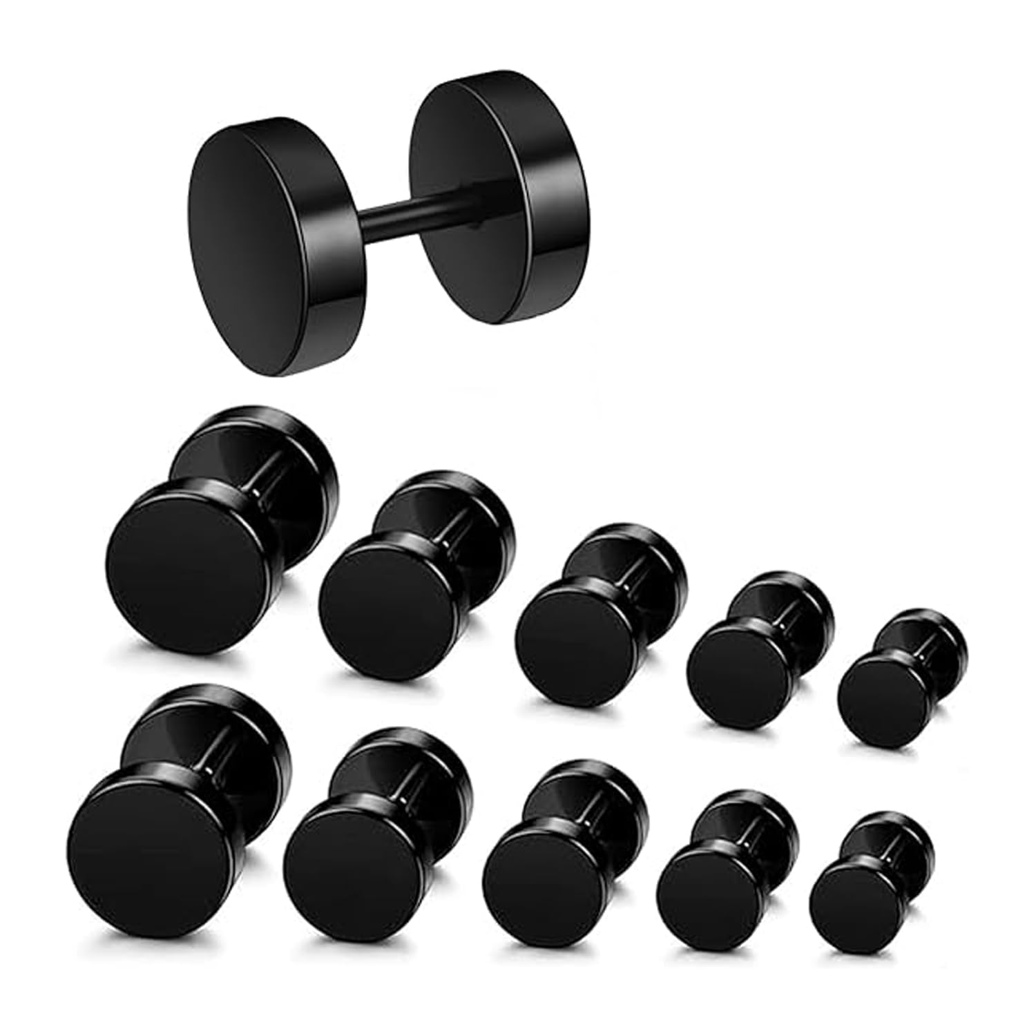 Orecchini da Uomo e Donna in Acciaio Inossidabile Finto Plug Nero 4mm/6mm/8mm/12mm/10mm 5 Paia