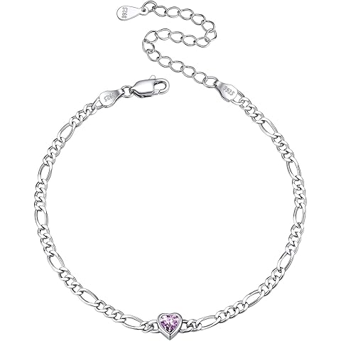 ChicSilver 925 Sterling Silver Heart/Round Birthstone Figaro Chain Bracelet for Women Mothers Day Birthday Jewelry Gifts