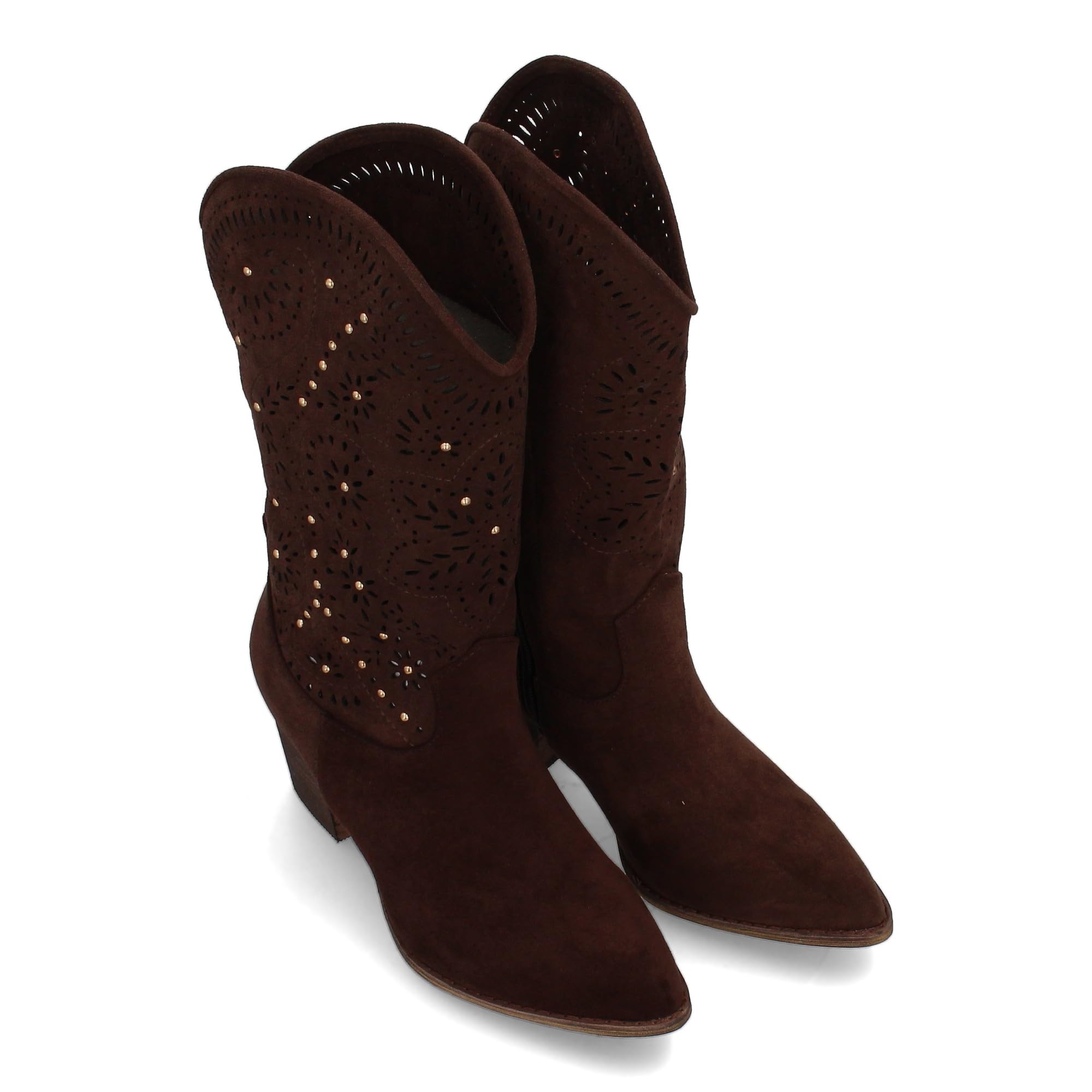 Botas Estilo Cowboy para Mujer, Elegante Diseno Troquelado con Motivos Florales y pequenos Apliques metalicos. Tacon Ancho y Comodo. Cierre de Cremallera Ideal Entretiempo.