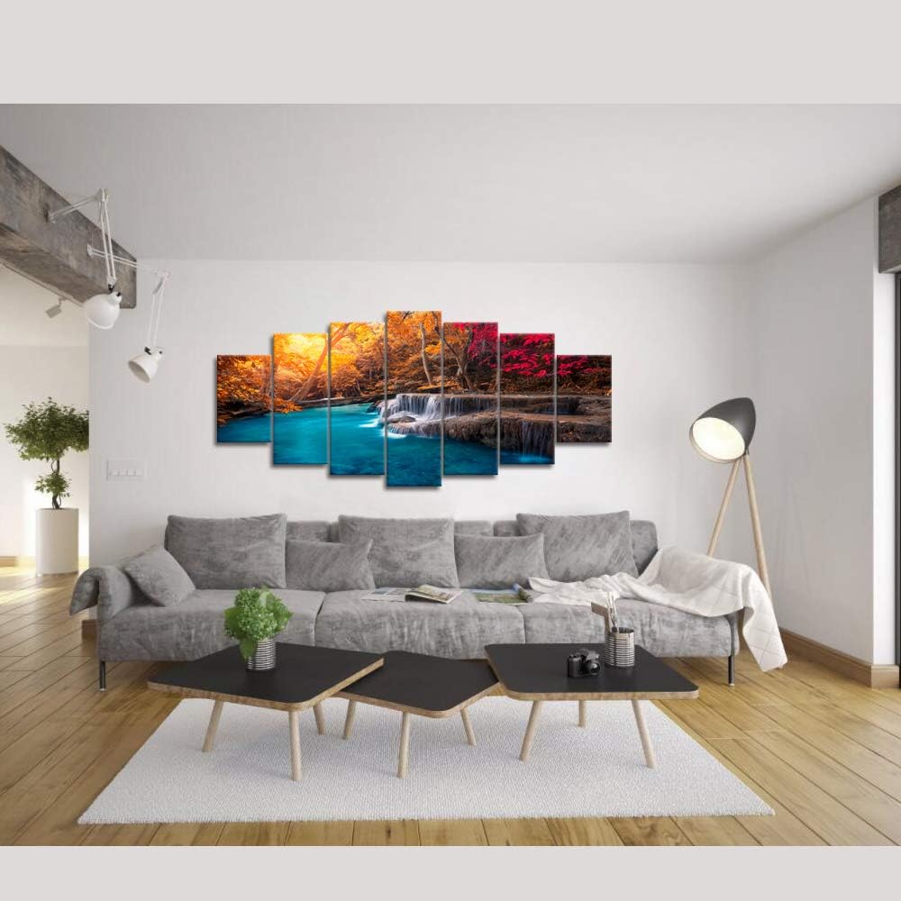 Visual Art Decor Xlarge 7 Pieces Blue Lake Waterfall in Red Fall Forest Canvas Wall Art Nature Landscape Wall Decor, Framed Ready to Hang for Modern Living Room Bedroom Office Decoration