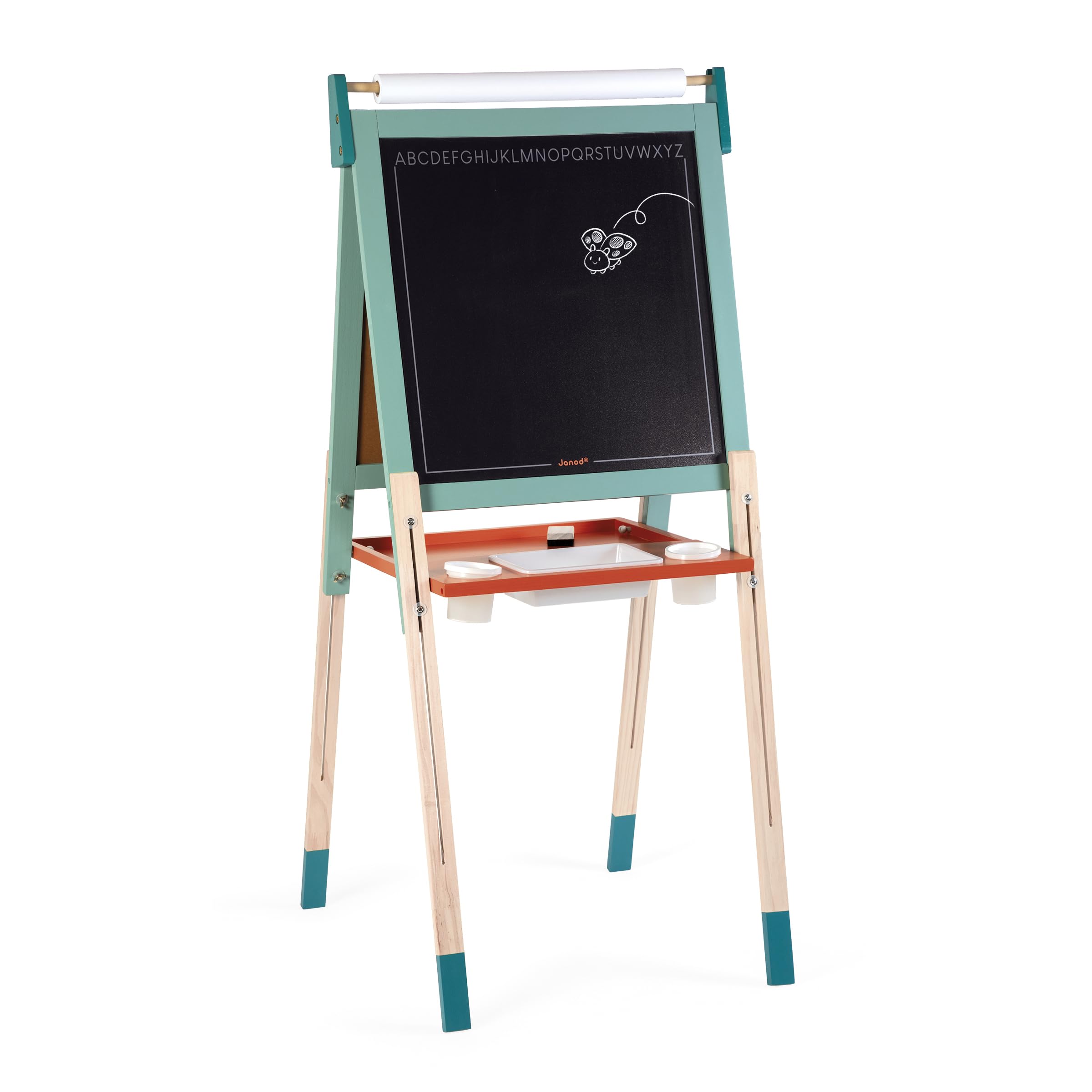 Janod J09625 - Cuadro de caballete doble cara, ajustable en altura, pizarra blanca magnética + pizarra para tiza + rollo de papel, 23 accesorios incluidos, a partir de 3 años
