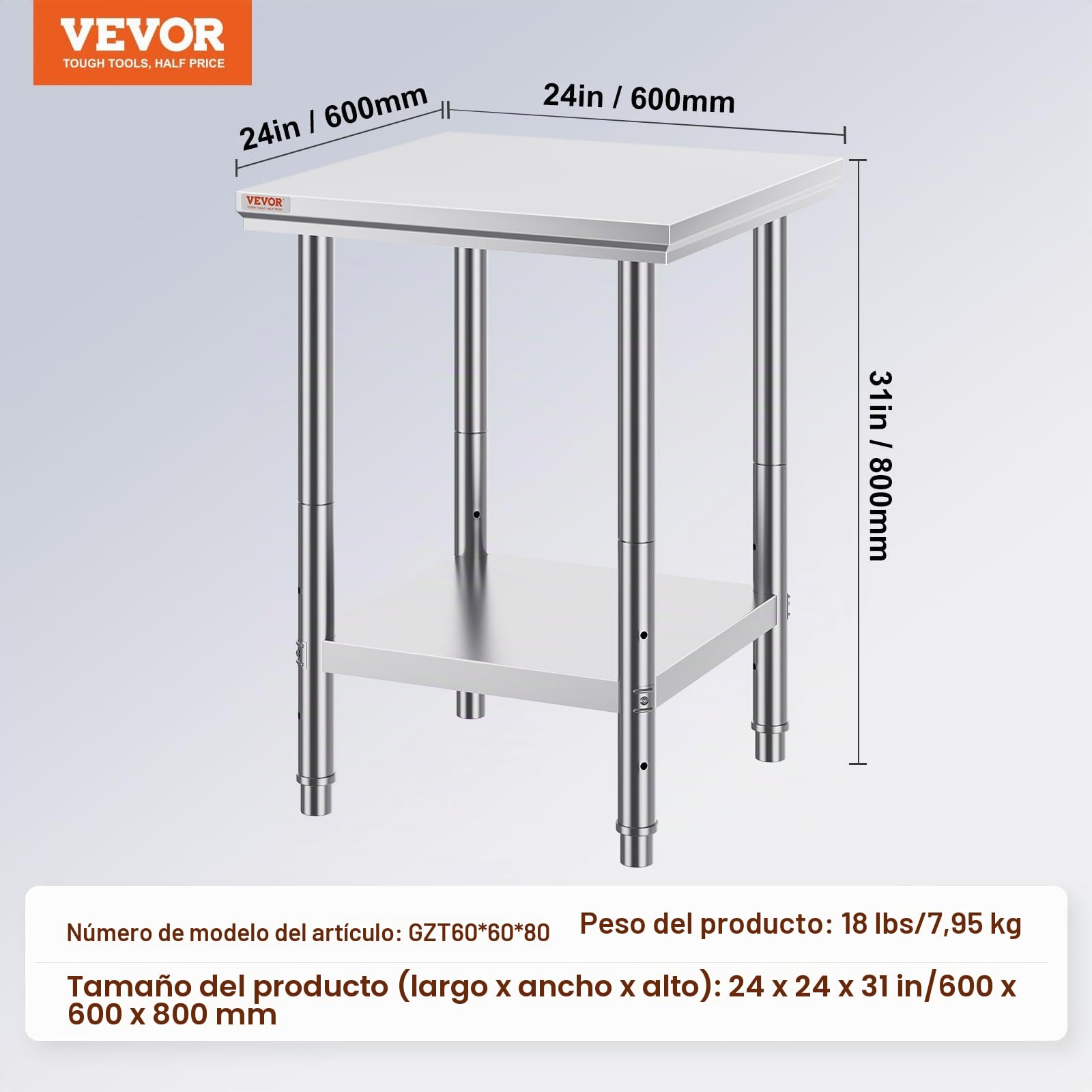Mophorn Mesa de Preparación de Comida de Acero Inoxidable 60x60x80cm Tabla de Cocina Profesional Capacidad de Carga 750kg Tabla de Trabajo de Cocina de Catering Ajustable para Restaurante Escuela