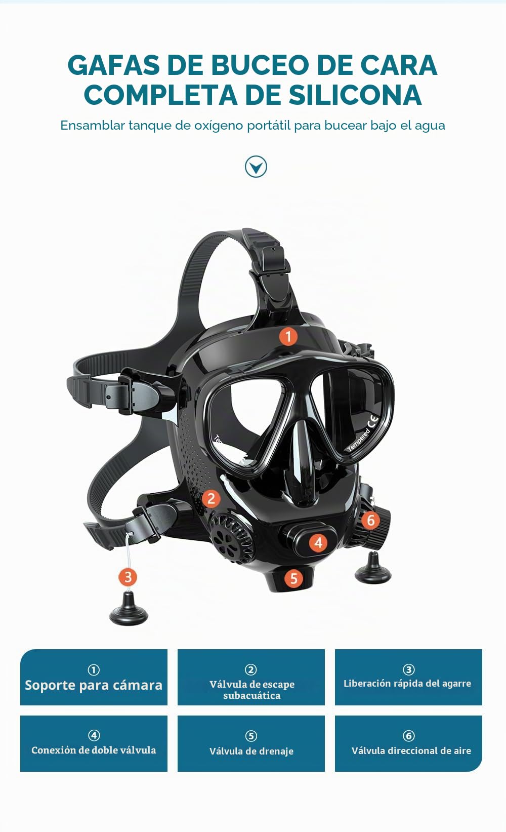 Máscara de buceo para adultos, cara completa con soporte para cámara, máscara de buceo ajustable MODJUEGO 180°, vista panorámica para adultos, antivaho, antifugas, juego superior seco