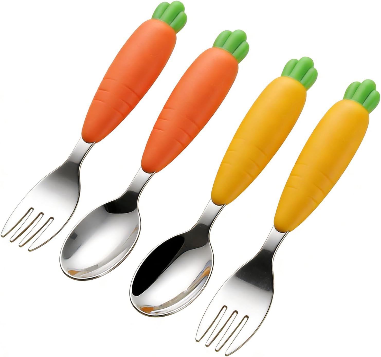 Baby Toddler Fork and Spoon Utensil Set, 4 Pack Silicone Stainless Steel Spoon Fork for Babies Toddler (Carrot Set)