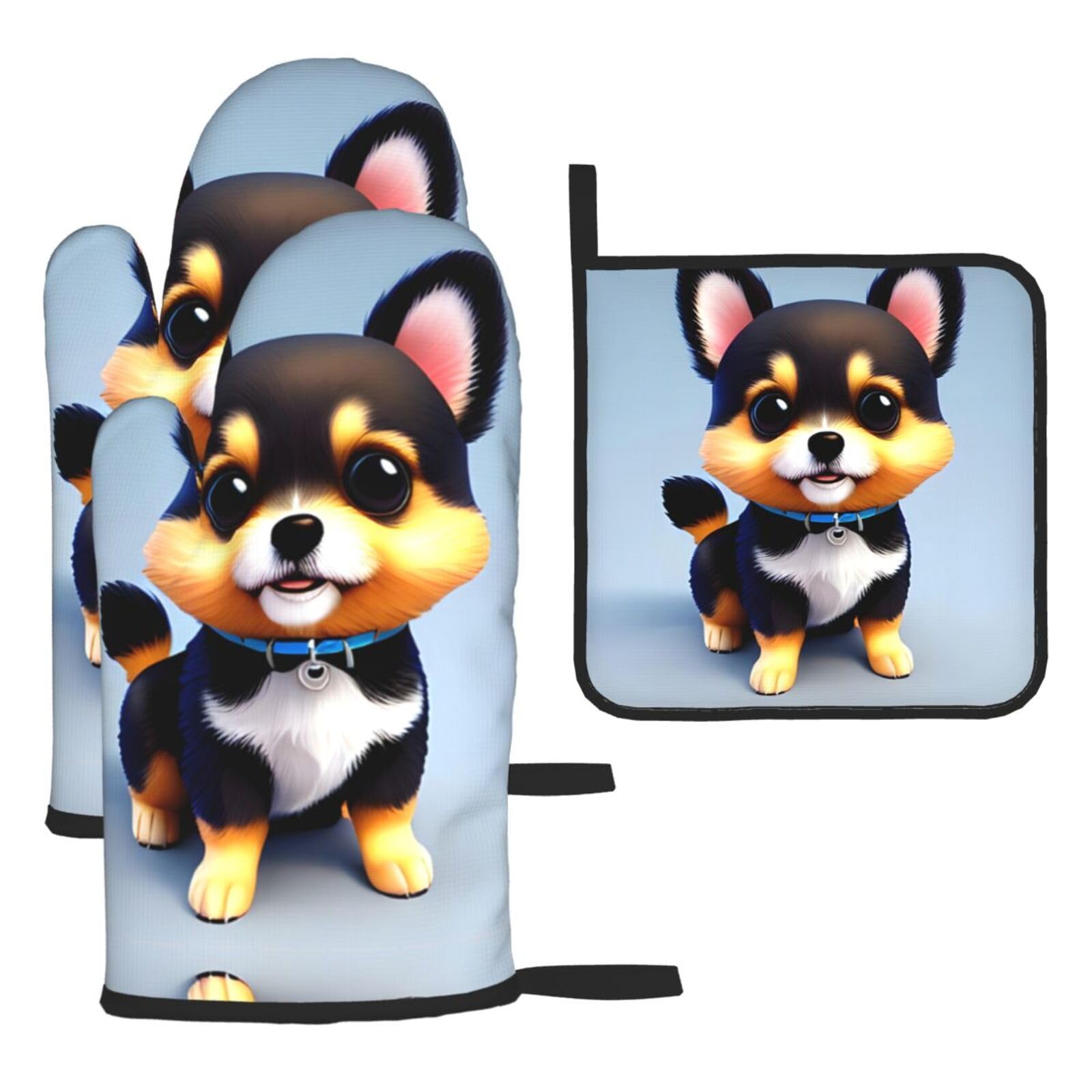 Card Love Fancy Puppy Oven mittens and oven mitts three-piece set suitable for oven, grilling, baking, microwave and home cooking.