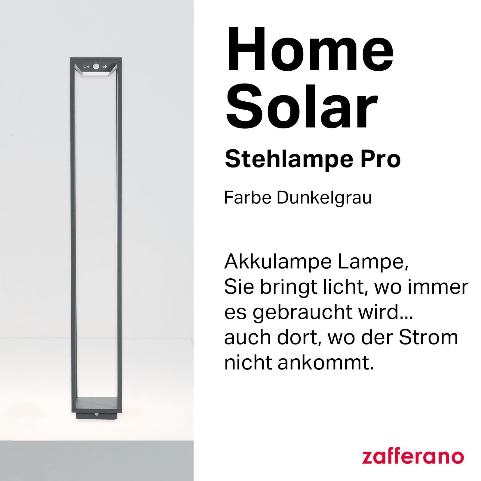 Zafferano, Home Solar Lampe, Kabellose Stehleuchte mit Solarpanel und Bewegungssensor, für den Außenbereich Geeignet, Dimmer, 3000 K, Höhe 100 cm, Farbe Dunkelgrau