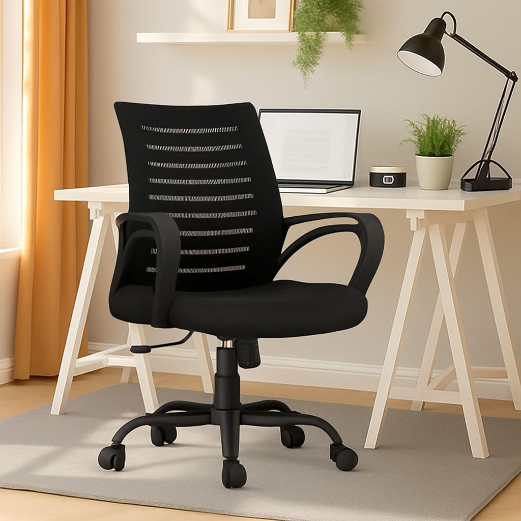 INNOWIN Mini Jazz Mesh Mid-Back Ergonomic Home Office Chair | 3-Years Limited Warranty Included | Tilting & Height Adjustable Mechanism, Heavy Duty Metal Base | Ideal for Office Work & Study (Black)