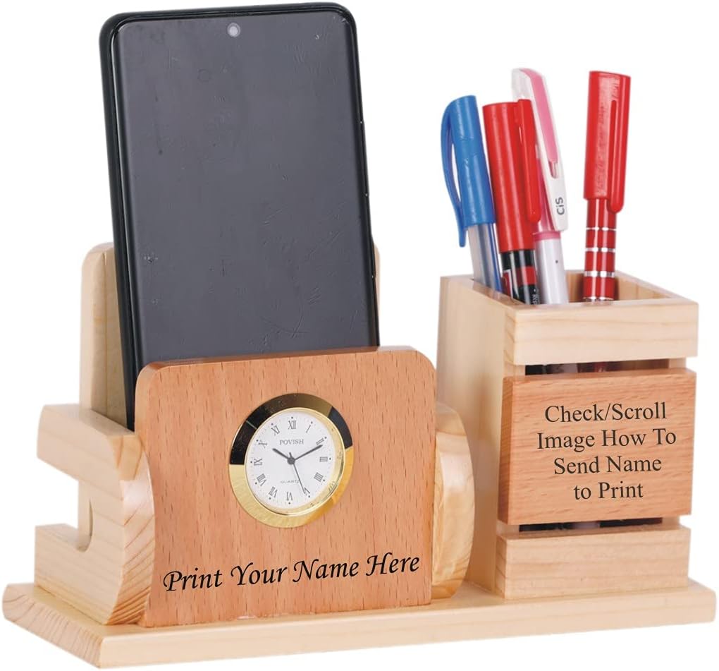 SHIVOM CRAFTS Personalized Wooden Desk Nameplate with Clock for Office Table Stylish, Wooden Mobile Phone Holder for Home and Office - Customized Gift, Get Name Printed (L-17.5 B-7cm H-10.5cm,)