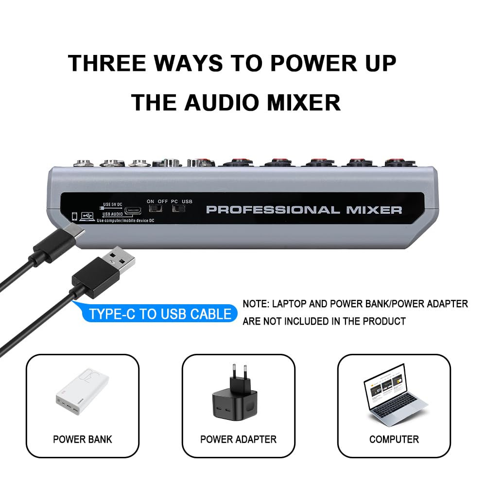 BOMGE - Console di Mixaggio Audio, Mixer Sound Board con 7 Canali Digitali USB Bluetooth, Effetto Echo Ritardo, Alimentazione Phantom 48 V, Mixer DJ Stereo per Registrazione, Live Streaming