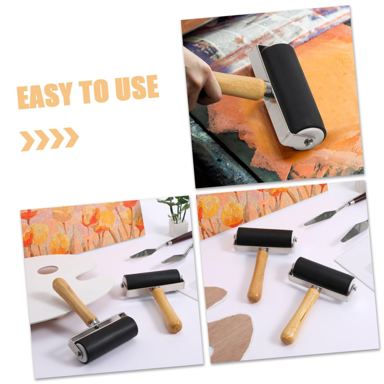 Kunststoff Druckwalzen 10cm 4 Stück mit Holzgriff Komfortabel und Einfach zu Lagern Leichte Malerrolle Schwarz für Bastelarbeiten und Druckgrafik