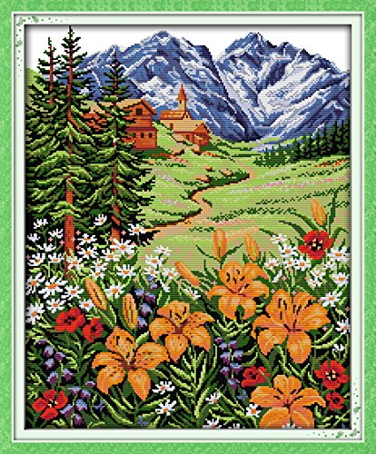 Joy Sunday Needlework Cross Stitch Kits 14CT Stamped Full Range of Embroidery Starter Kit for Beginners Pre-Printed Pattern - Snow Mountain in Spring
