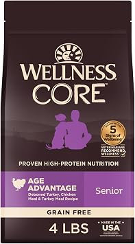 Wellness CORE Age Advantage Senior Dry Dog Food, Grain Free Kibble, Natural, High Protein, Turkey and Chicken Recipe, 4 lb Bag