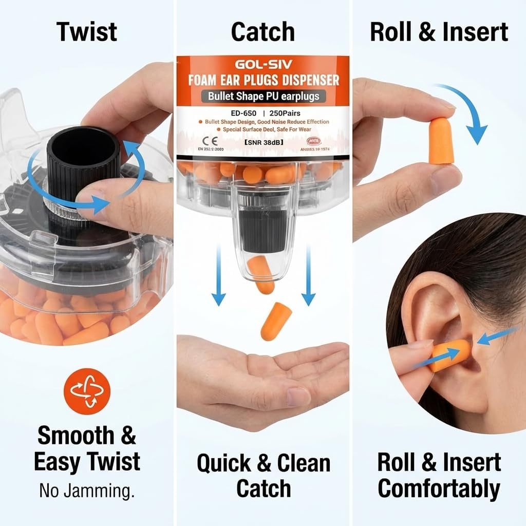 Ear Plugs Dispenser,with 500Pcs Refillable SNR 38dB(NRR 33dB) Noise Foam Earplugs,Wall-Mounted,Hearing Protection for Shooting,Construction Site,Work,Orange