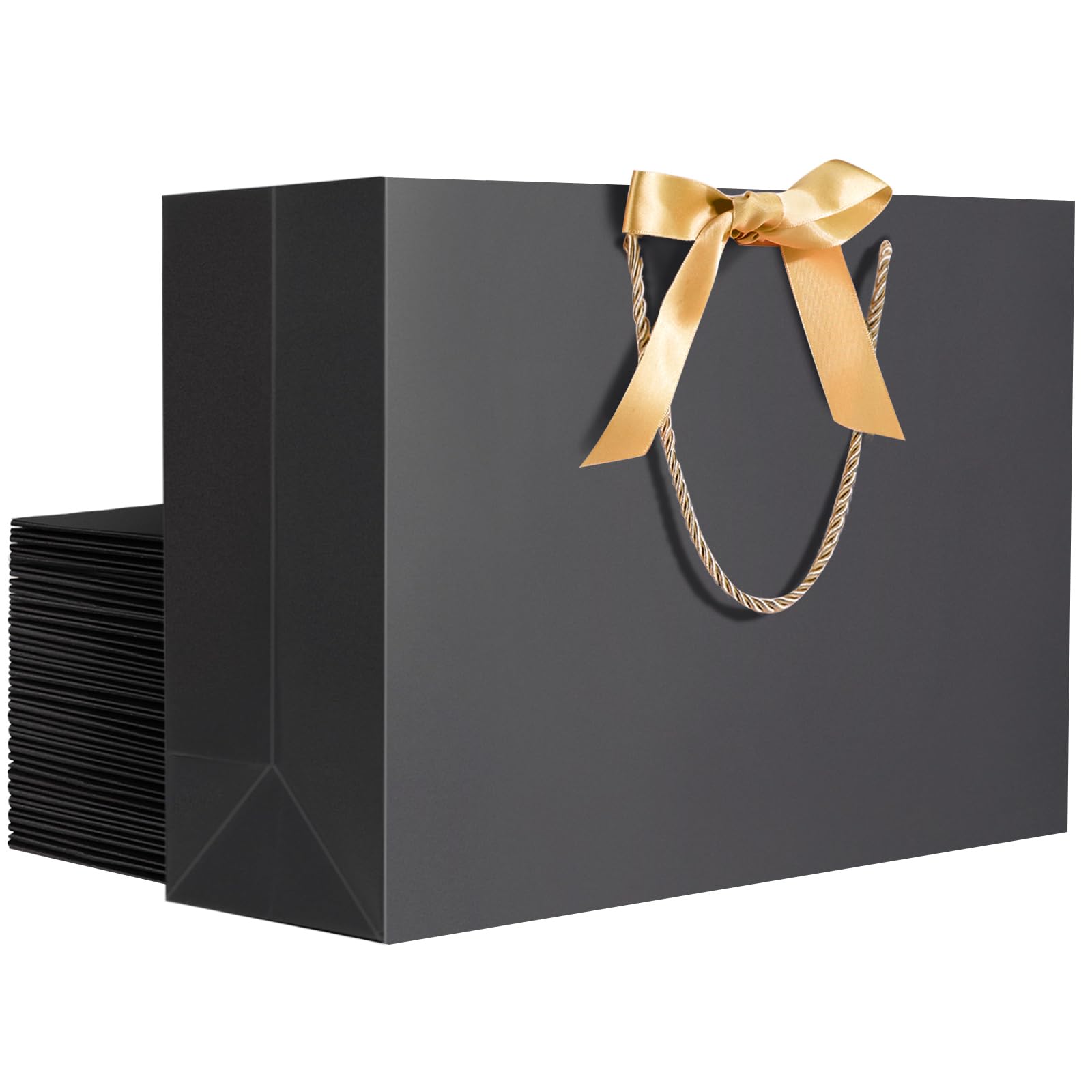 EUSOAR Large Gift Bags, 20pcs 16"x6"x12"Black Kraft Thank You Paper Bags with Bow Ribbon Handle, Gift Wrap Treat Bags Bulk for Wedding Baby Shower