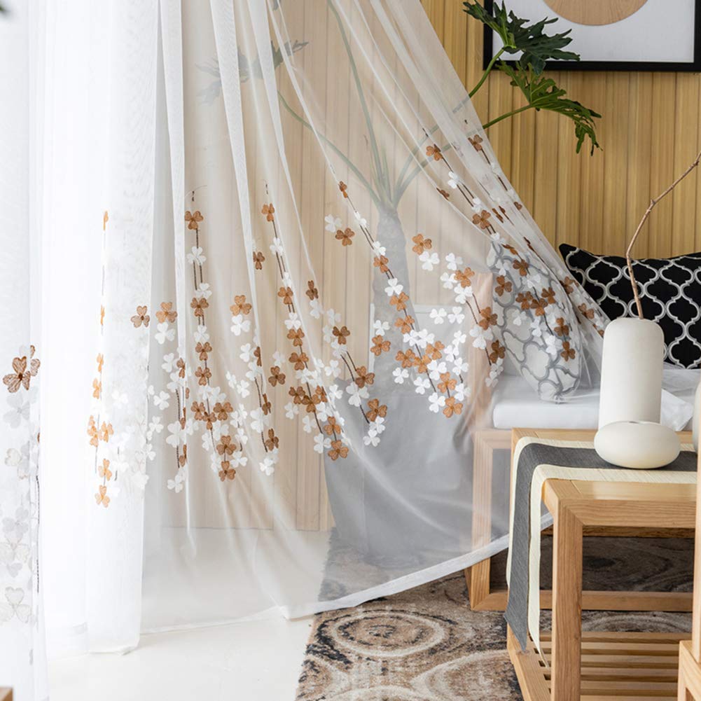 Rideau tulle brodé blanc 150x270 cm floral et transparent pour le salon